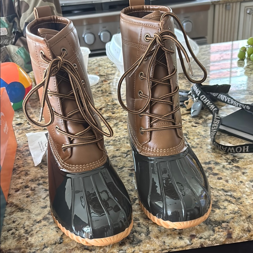 Brown and Black Winter Rain Boots with Lace-Up Design